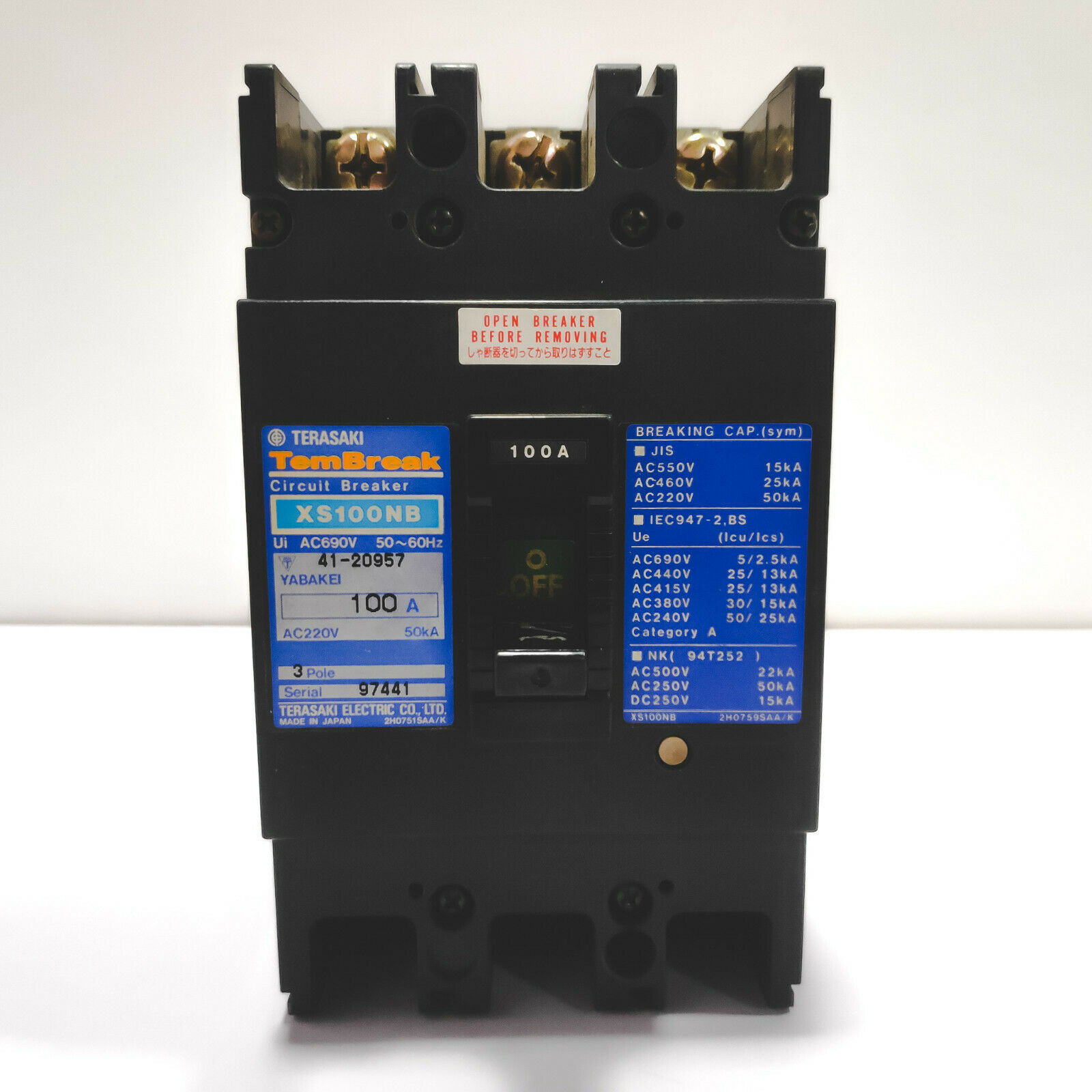 TERASAKI XS100NB-3P-100A TEMBREAK 100AMP CIRCUIT BREAKER