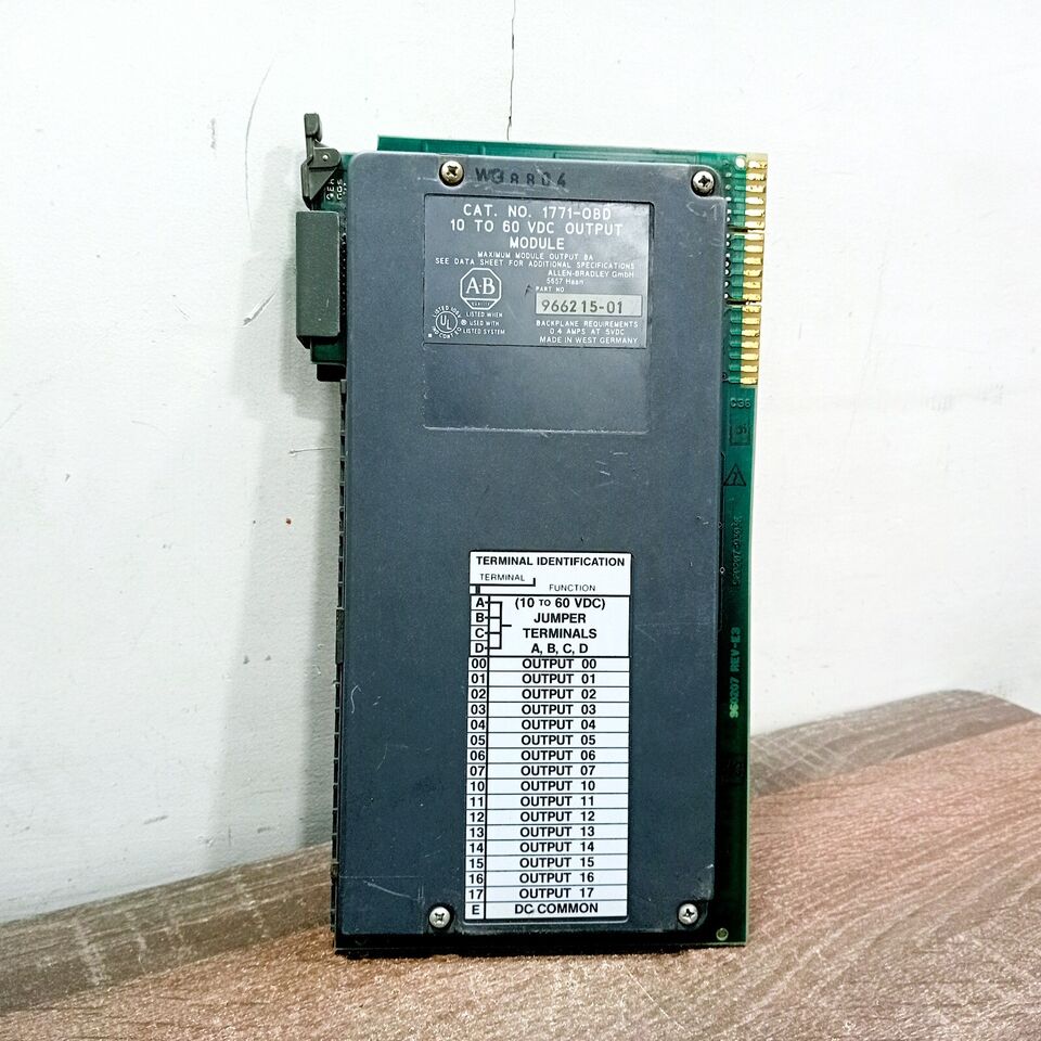 ALLEN BRADLEY 1771-OBD DIGITAL OUTPUT MODULE PLC 5 16 POINTS 10-60 VDC OUTPUT VOLTAGE RANGE 2 AMP/OUTPUT RESISTIVE 8 AMP/MODULE 0.2 AMP/OUTPUT PILOT DUTY 400 MA @ 5 VDC BACKPLANE (96211472)