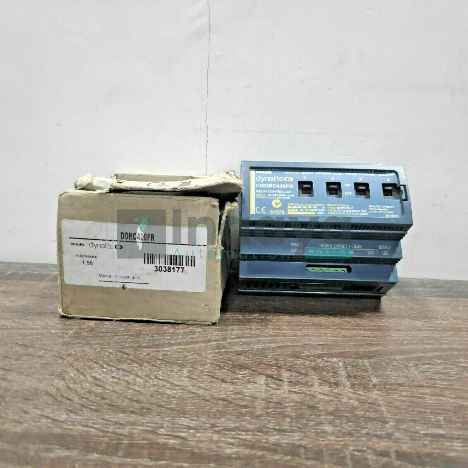 PHILIPS DYNALITE DDRC420FR RELAY CONTROLLER / LIGHTING FEED-THROUGH POWER CIRCUIT 4 CHANNEL 20 AMP MAX 300 / 400 VAC MAX 12 VDC DIN MOUNT FOR ROBUST CONTROL OF SWITCHED LOADS UP TO 20 AMP