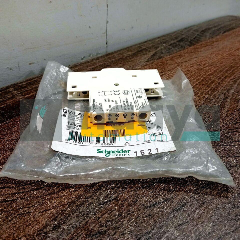 SCHNEIDER ELECTRIC GV3A01 AUXILIARY CONTACT BLOCK GV3 SERIES 1NO/1NC EARLY BREAK RIGHT SIDE MOUNT 5AMP 600VAC SREW CLAMP FOR MANUAL STARTER 