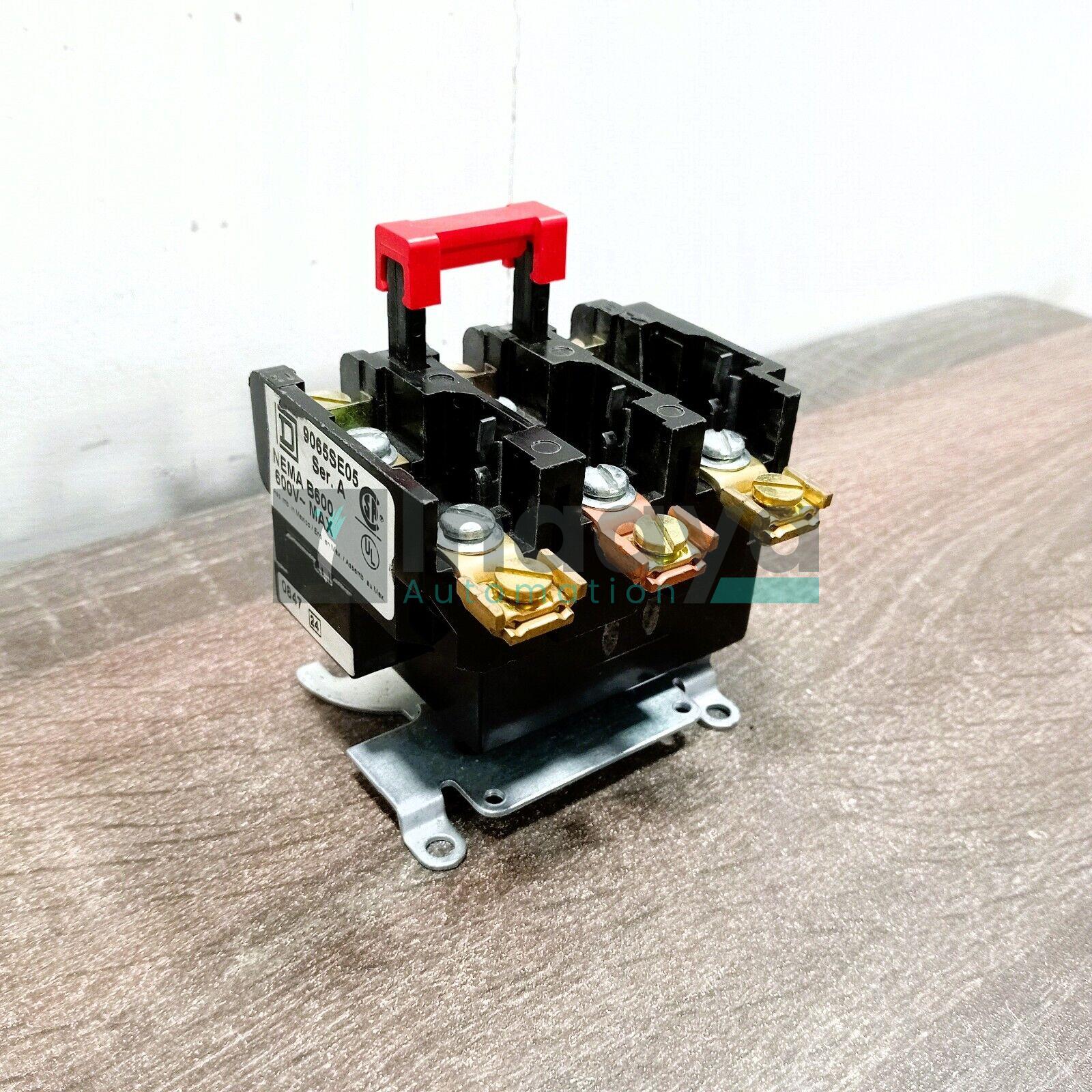SQUARE D 9065SEO5 SER.A OVERLOAD RELAY MELTING ALLOY OPEN TYPE FOR SEPARATE PANEL MOUNTING LEFT AND RIGHT HAND TYPES 3 POLES ONE COMMON N.C. CONTACT ON TYPS S ONLY